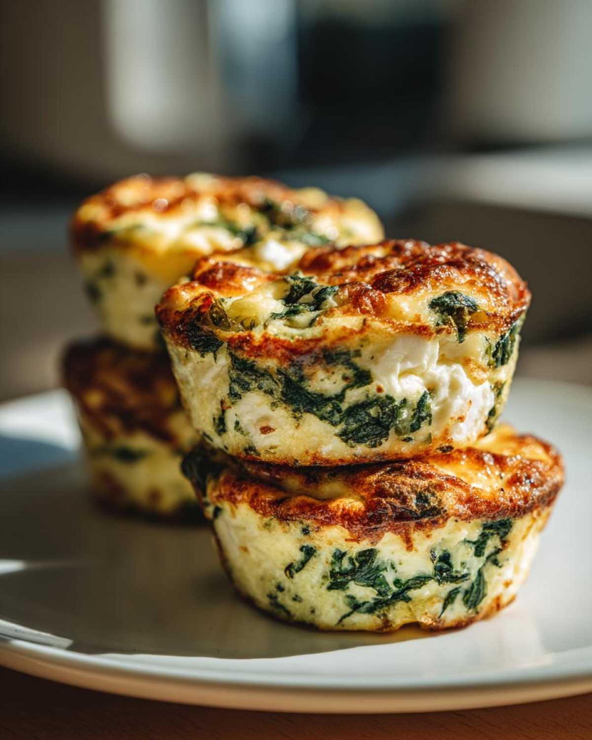 A stack of three golden-brown Cottage Cheese Egg Cups With Spinach & Feta on a white plate.