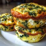 Three golden-brown Cottage Cheese Egg Cups With Spinach & Feta stacked on a white plate.