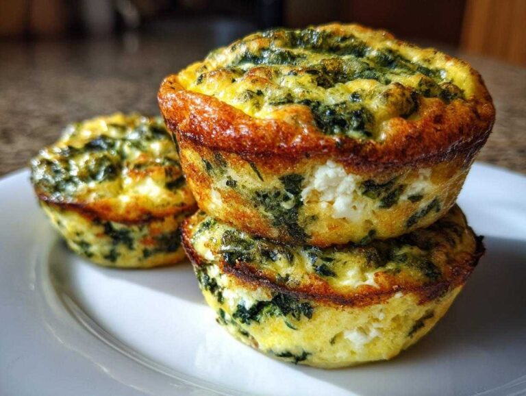 Three golden-brown Cottage Cheese Egg Cups With Spinach & Feta stacked on a white plate.