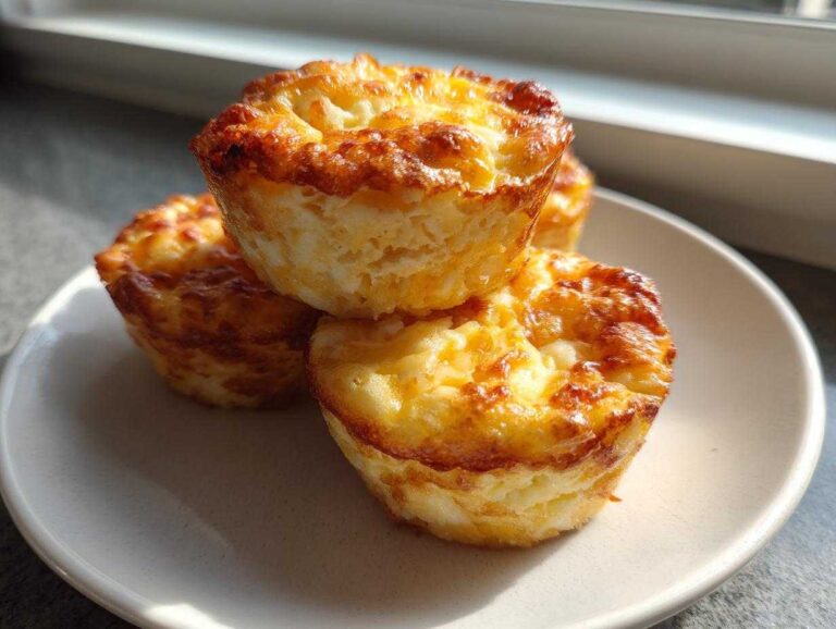 A stack of three golden-brown cottage cheese egg cups on a white plate, mimicking the Starbucks style.