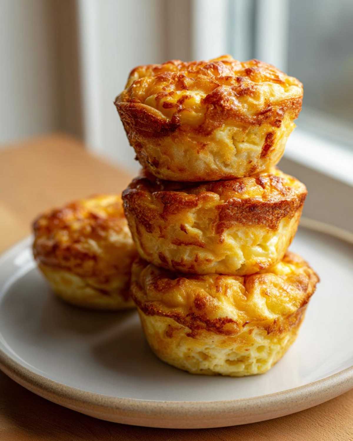 Three golden brown cottage cheese egg cups stacked on a light plate, demonstrating the Starbucks hack.
