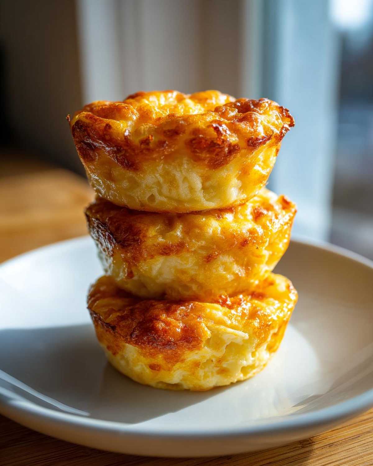 A stack of three golden-brown cottage cheese egg cups sitting on a white plate.