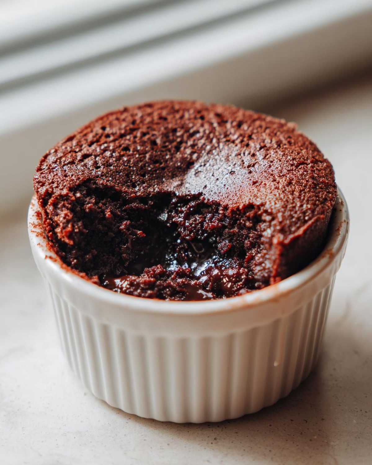 Close-up of a rich, dark Cottage Cheese Microwave Brownie with a molten center, served in a white fluted ramekin.