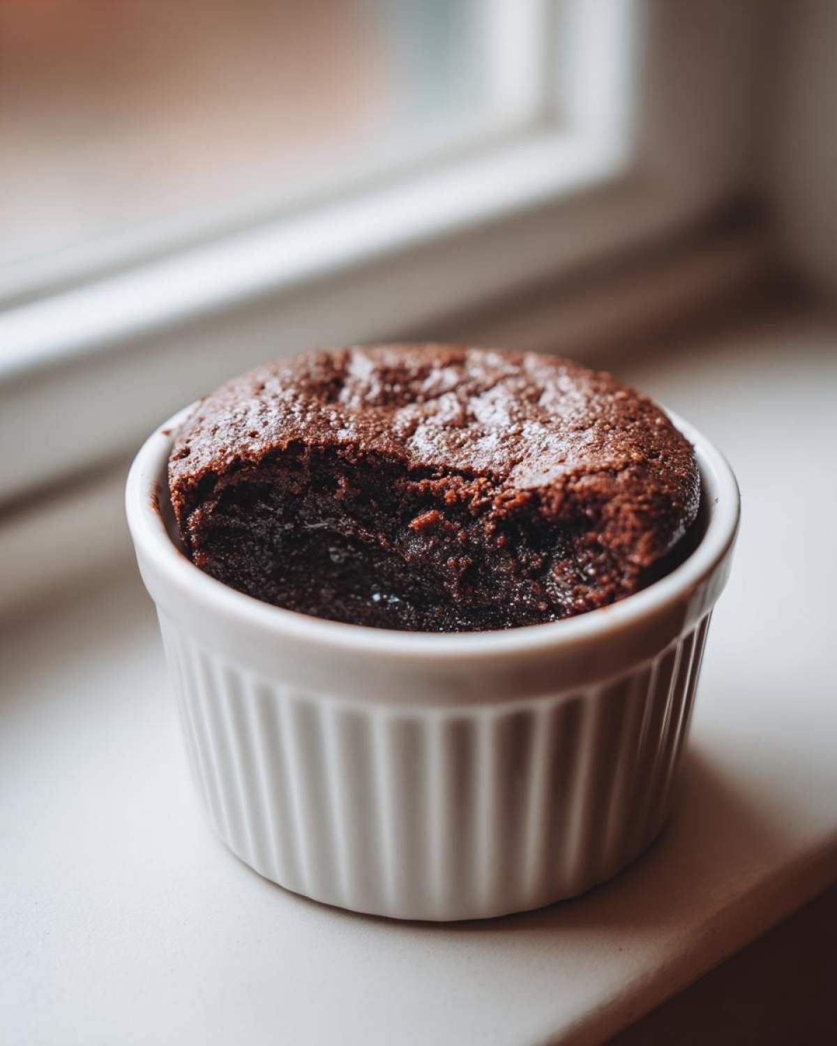 A freshly baked, dark chocolate Cottage Cheese Microwave Brownie served in a white fluted ramekin.