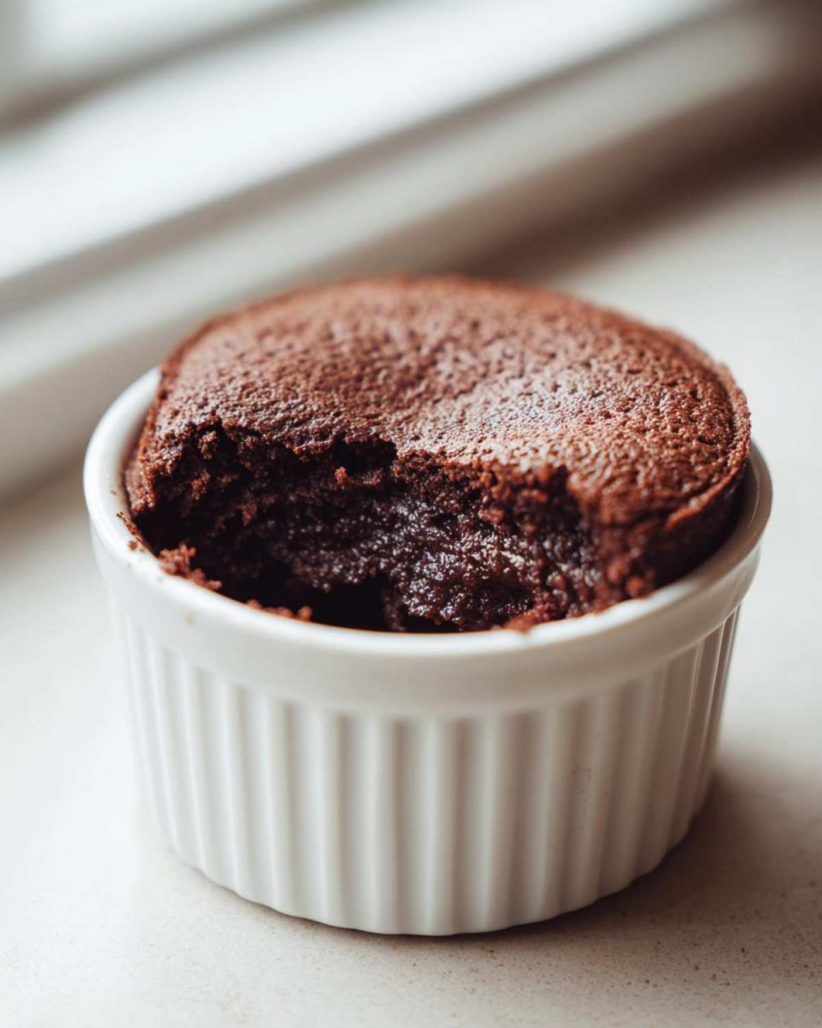 A warm, rich chocolate Cottage Cheese Microwave Brownie served in a white ramekin with a bite taken out.