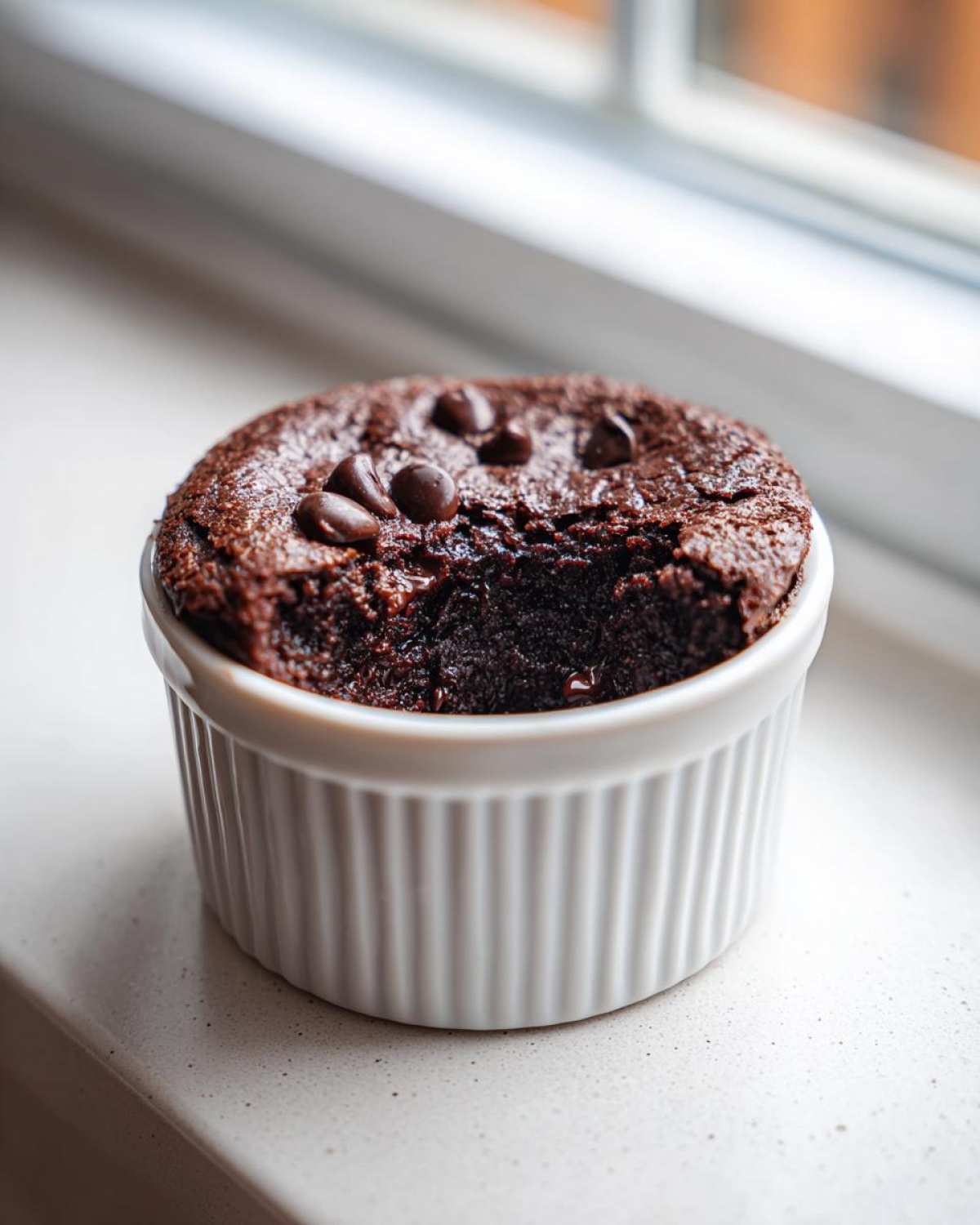 A rich, dark chocolate Cottage Cheese Microwave Brownie in a white ramekin with melted chocolate chips on top.