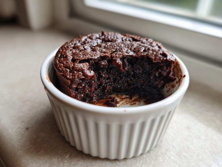 A close-up of a rich, dark chocolate Cottage Cheese Microwave Brownie served in a white fluted ramekin with a bite taken out.