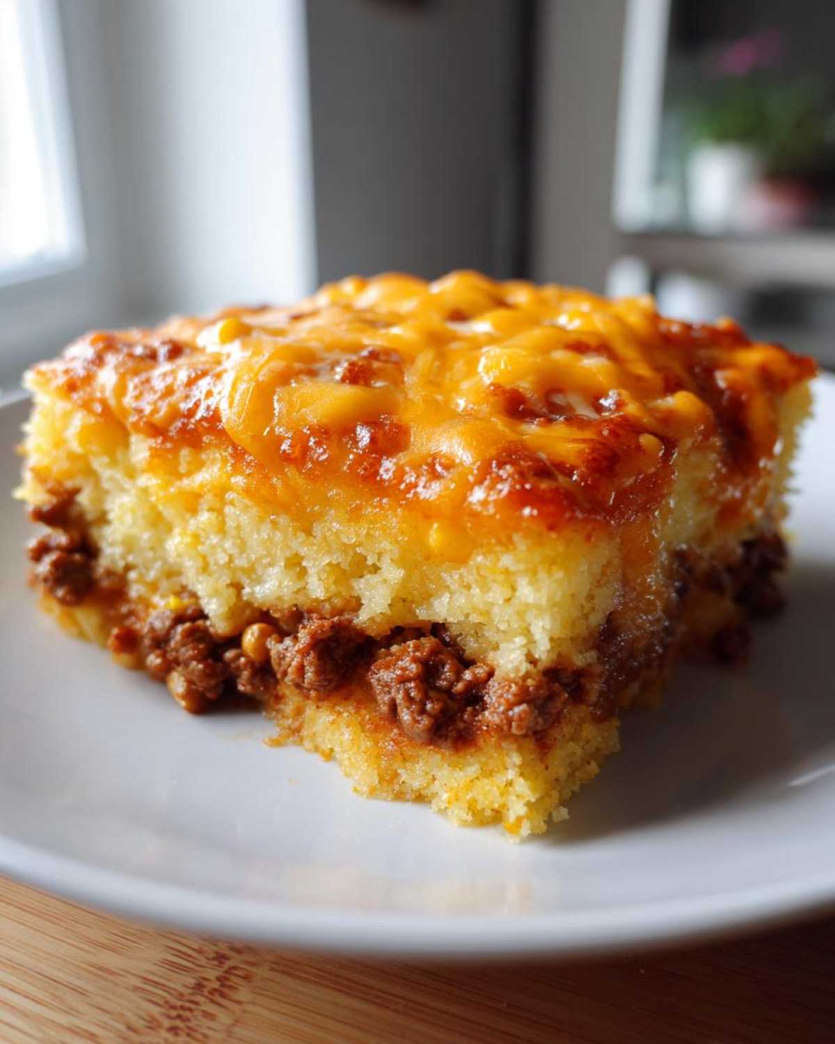 A close-up serving of cowboy cornbread casserole featuring a layer of seasoned ground beef filling topped with melted cheddar cheese.
