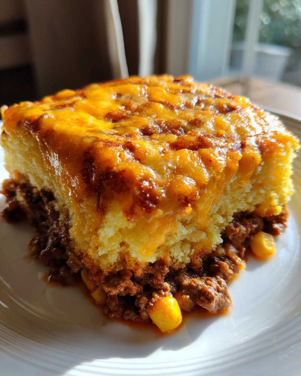 A close-up serving of cowboy cornbread casserole featuring a thick layer of cornbread topped with melted cheddar cheese over a base of seasoned ground beef and corn.