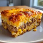 A close-up slice of cowboy cornbread casserole showing layers of ground beef, corn, and a golden melted cheese topping.