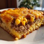 A close-up slice of cowboy cornbread casserole featuring a layer of ground meat, corn kernels, and a thick, melted cheddar cheese topping.