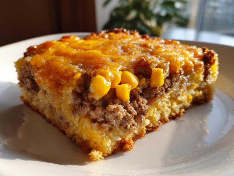 A close-up slice of cowboy cornbread casserole featuring a layer of ground meat, corn kernels, and a thick, melted cheddar cheese topping.