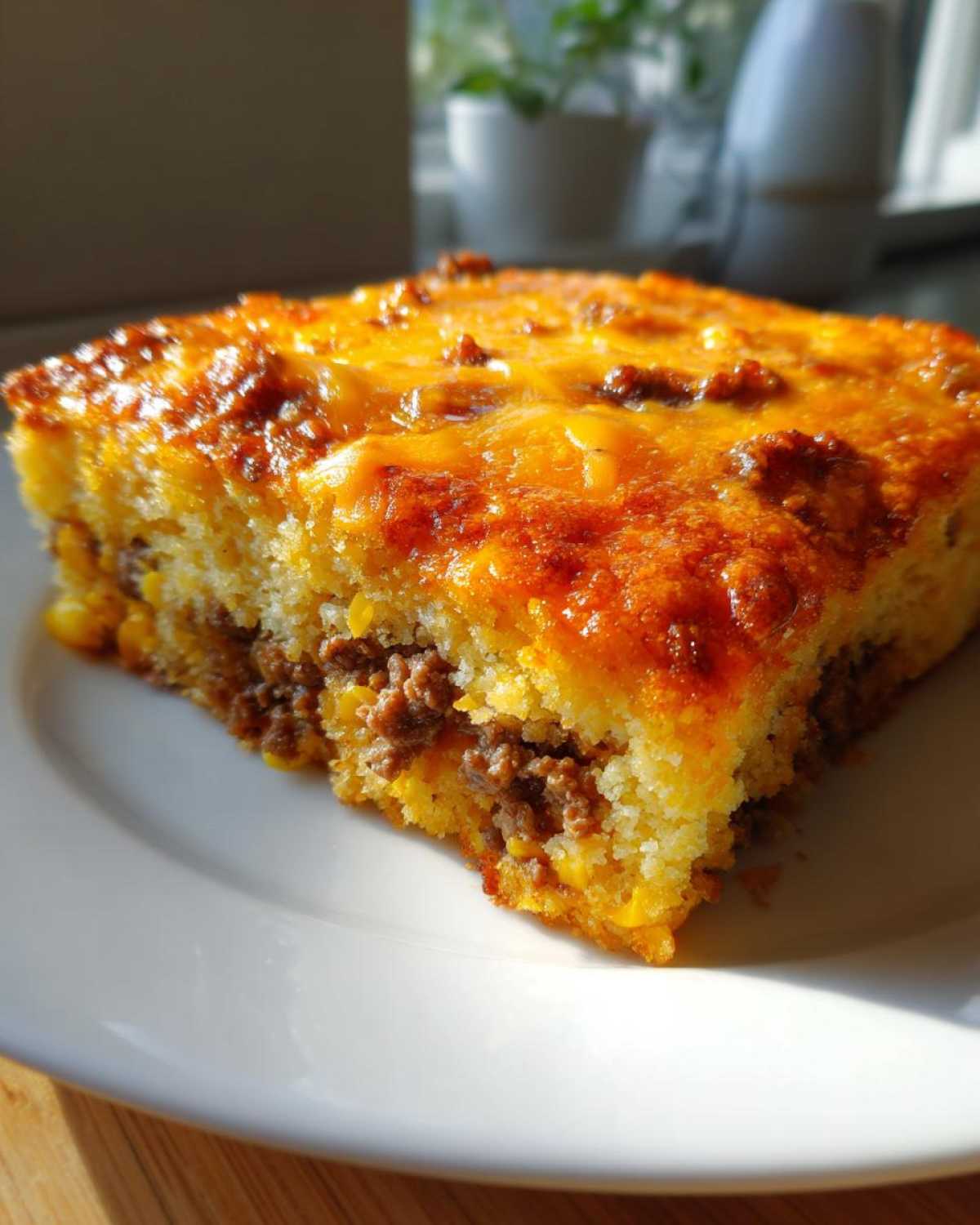 A close-up of a square slice of cowboy cornbread casserole with a savory ground meat filling and melted cheddar cheese topping.