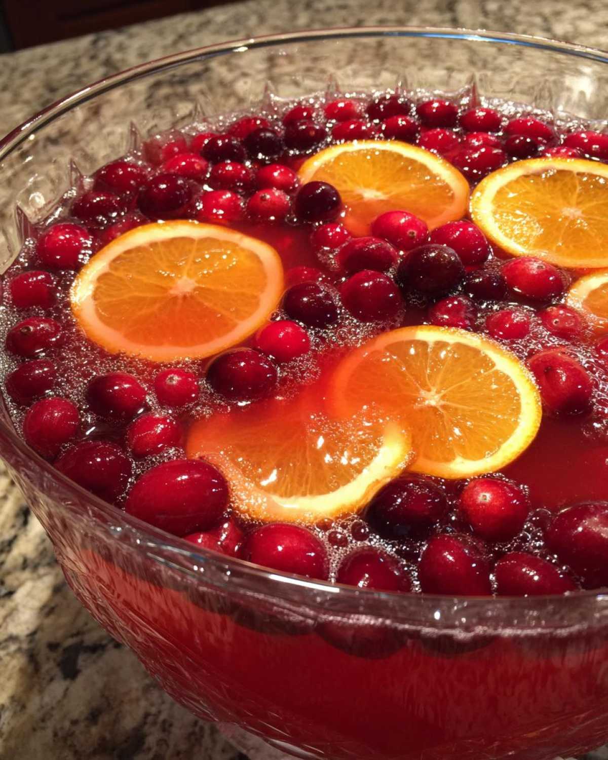 Close-up of a vibrant red champagne punch garnished with floating fresh cranberries and orange slices.