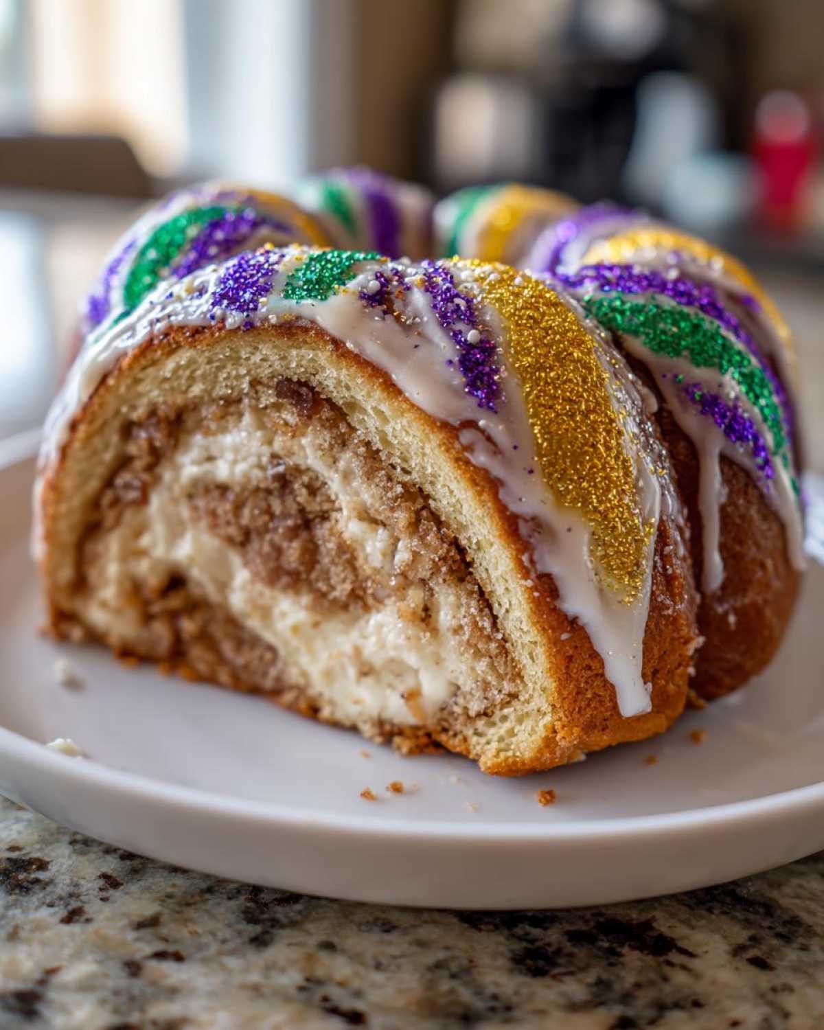 A close-up slice of a cream cheese filled king cake topped with white icing and purple, green, and gold sprinkles.