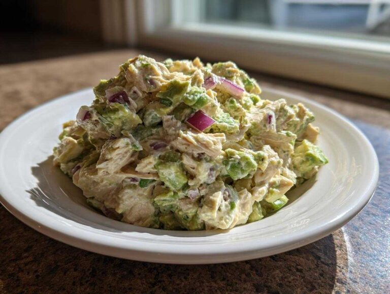 A mound of creamy avocado chicken salad mixed with chunks of avocado and red onion served on a white plate.