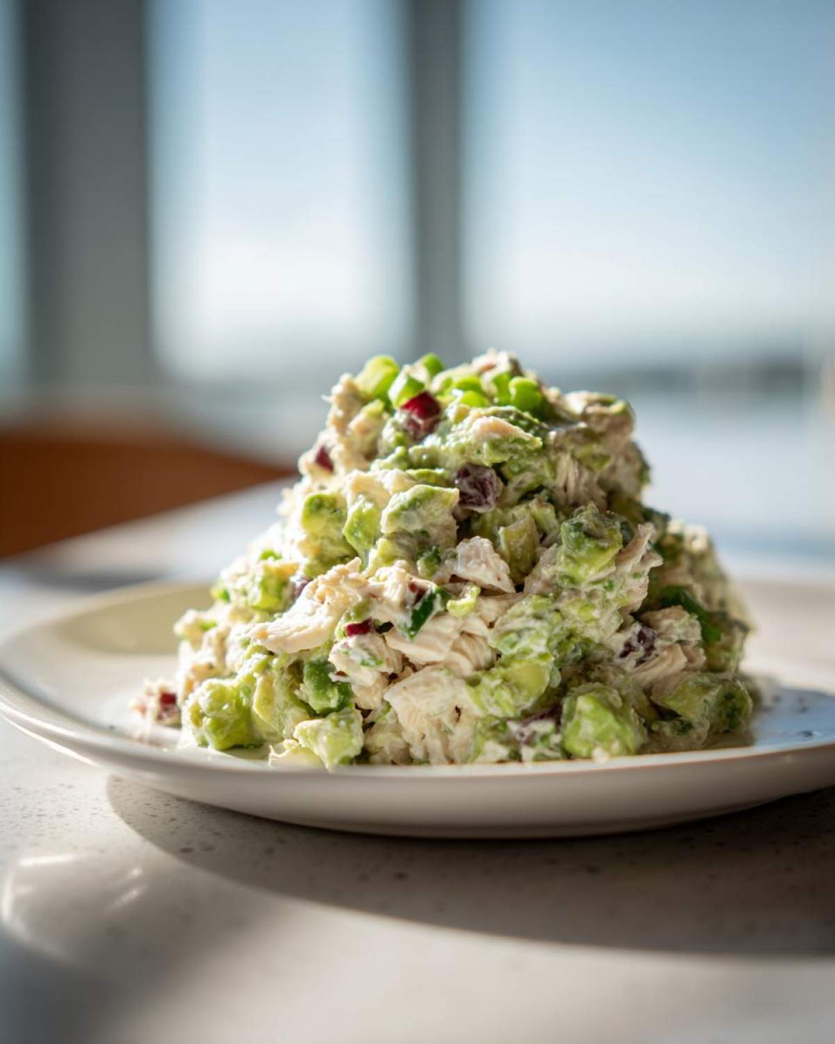 A mound of creamy avocado chicken salad topped with green onions served on a white plate.