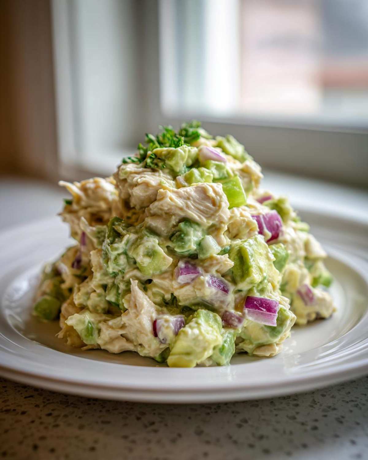 A close-up of creamy avocado chicken salad piled high on a white plate, featuring chunks of avocado and red onion.