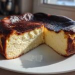 A slice cut from a creamy Basque cheesecake showing its signature dark, caramelized top.