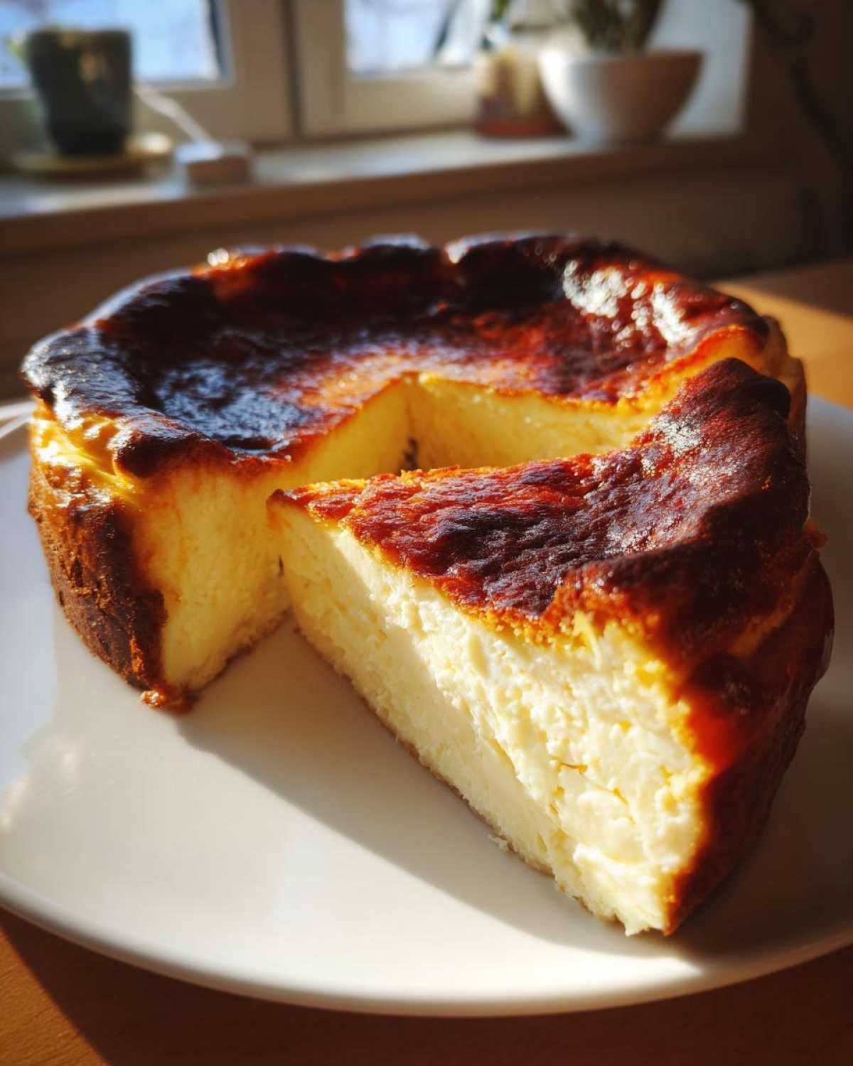 A slice of creamy basque cheesecake with a deeply caramelized, burnt top resting on a white plate.