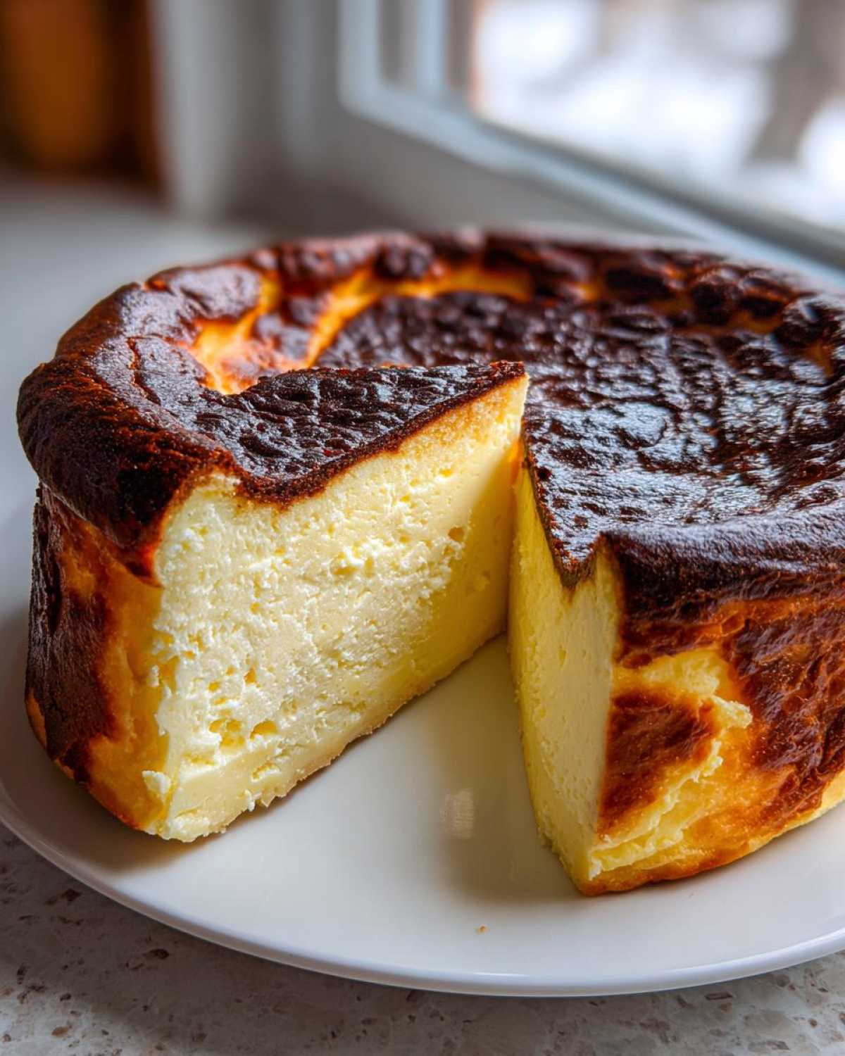 A whole basque cheesecake with one slice cut out, showing its creamy interior and signature dark, burnt top.