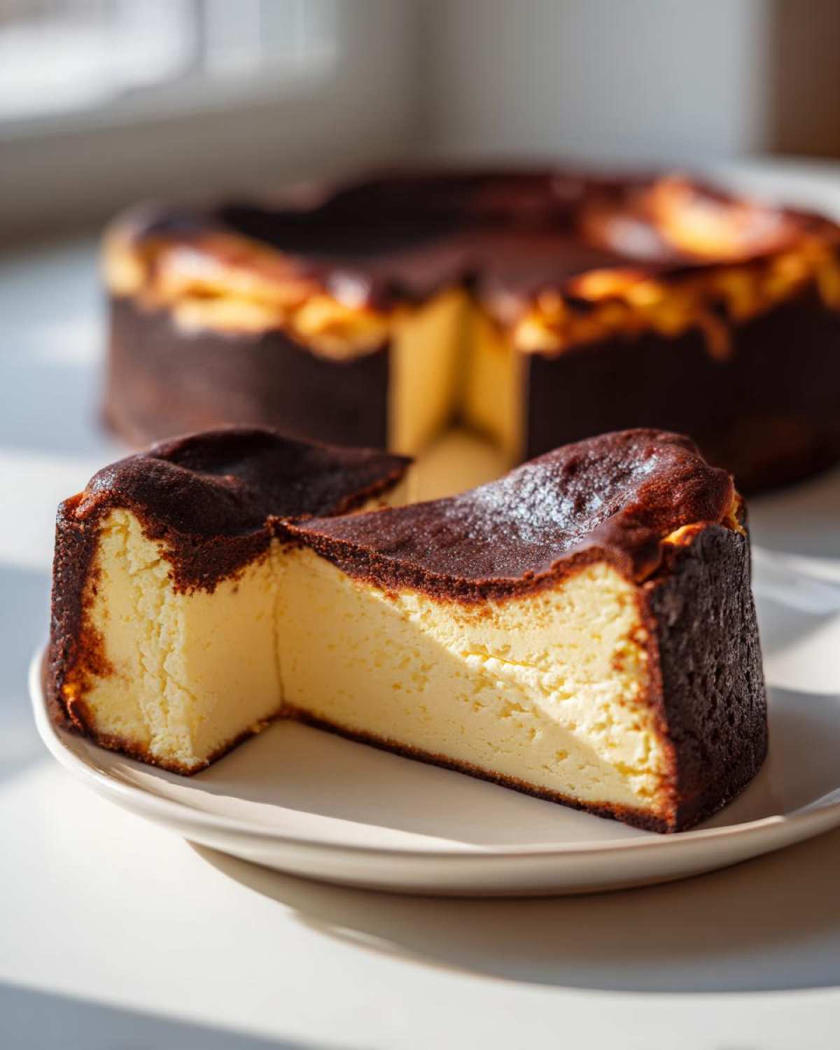 A thick slice of creamy basque cheesecake with a deeply caramelized, almost burnt top, sitting on a plate.