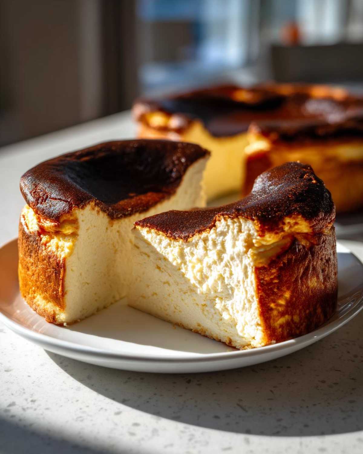 A thick slice of creamy basque cheesecake showing its signature dark, burnt top and light interior.