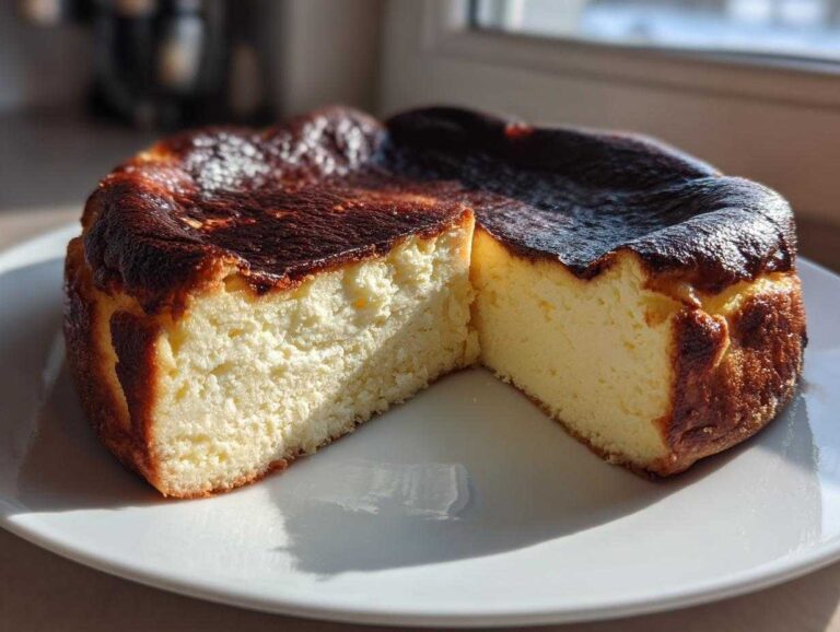 A slice cut from a creamy Basque cheesecake showing its signature dark, caramelized top.