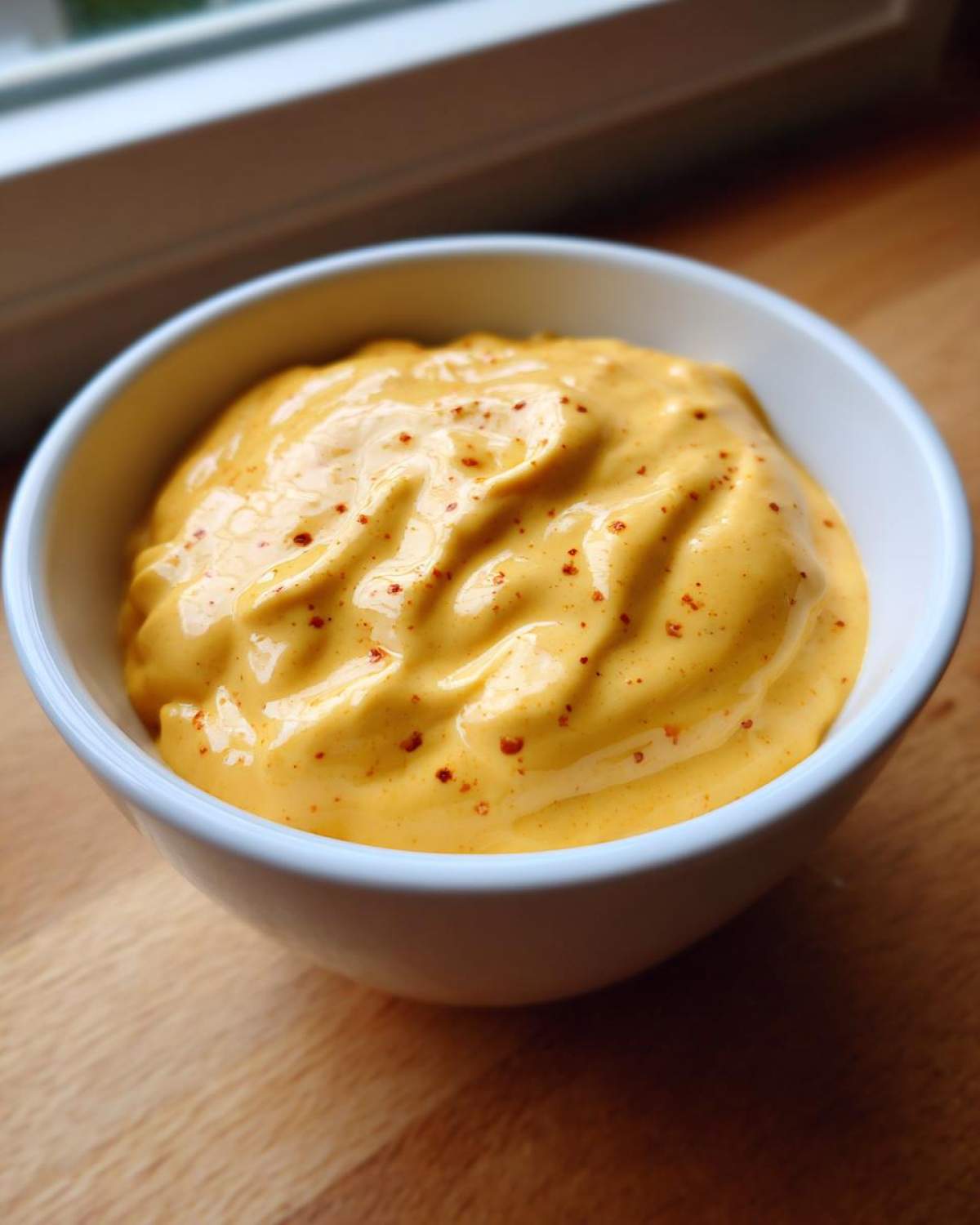 Close-up of a thick, bright orange beer cheese dip sprinkled with paprika in a small white bowl.