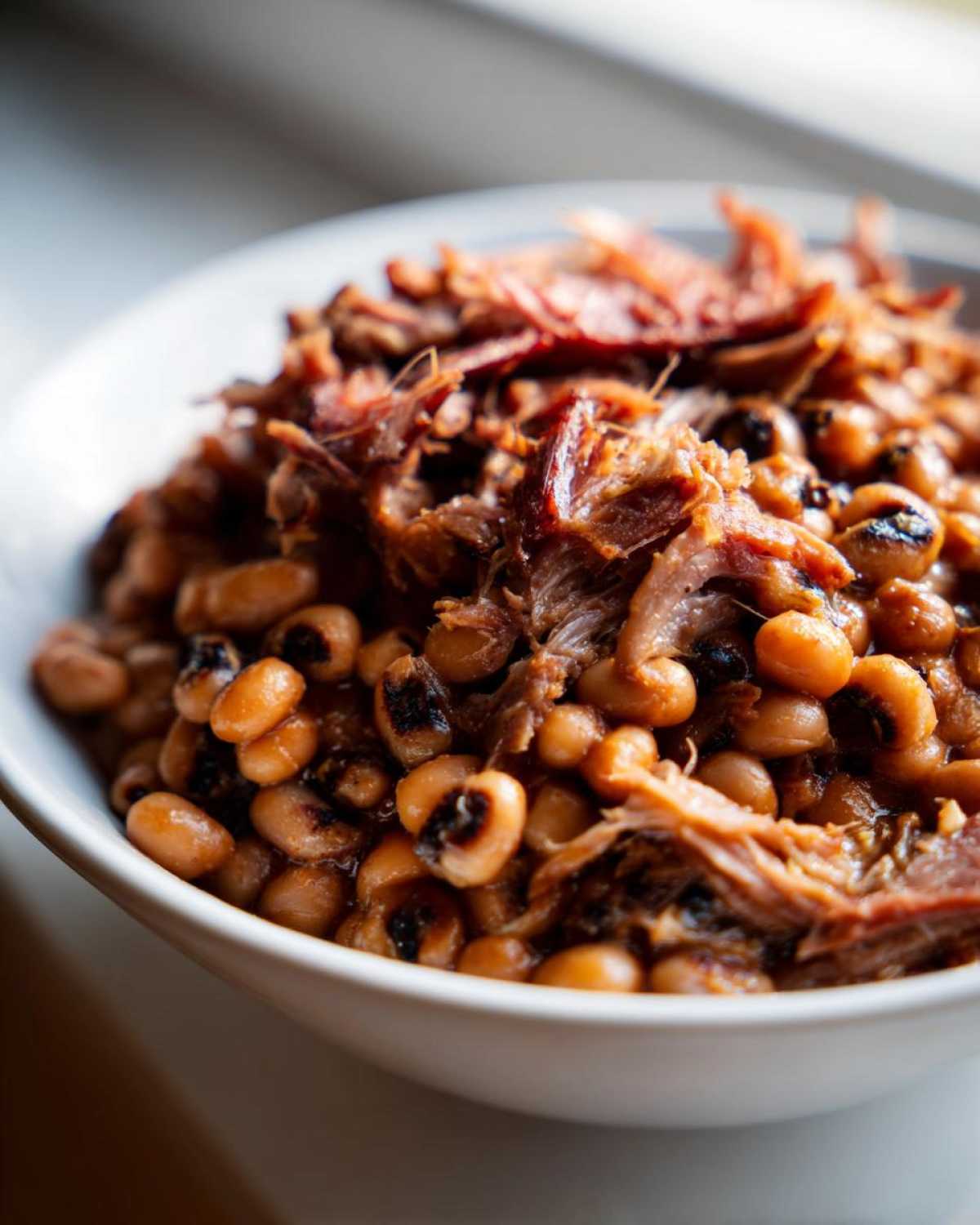 Close-up of creamy black eyed peas topped with shredded smoked pulled pork in a white bowl.