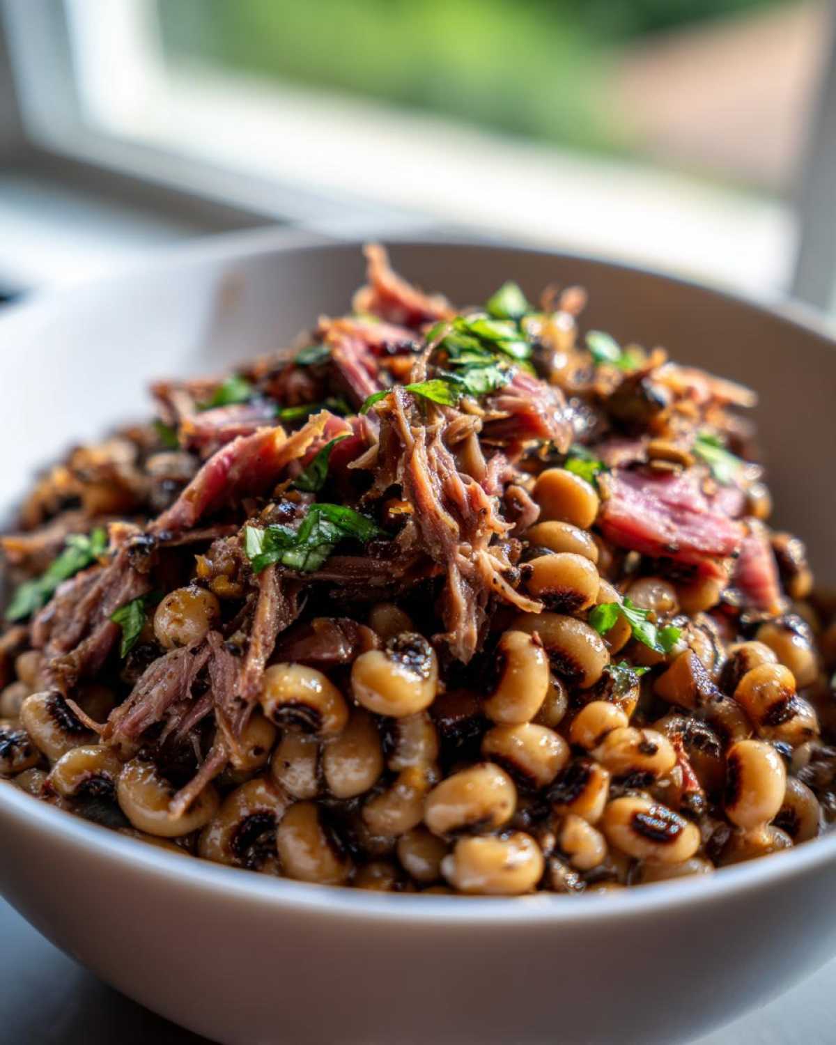 Close-up of creamy black eyed peas topped with shredded smoked meat and fresh parsley.