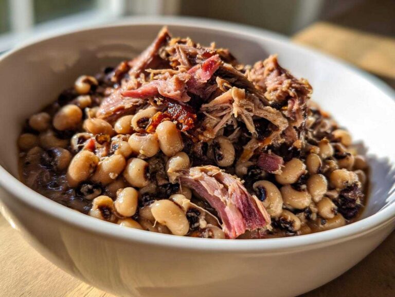 A close-up of creamy black eyed peas served in a white bowl, topped generously with shredded smoked pulled pork.