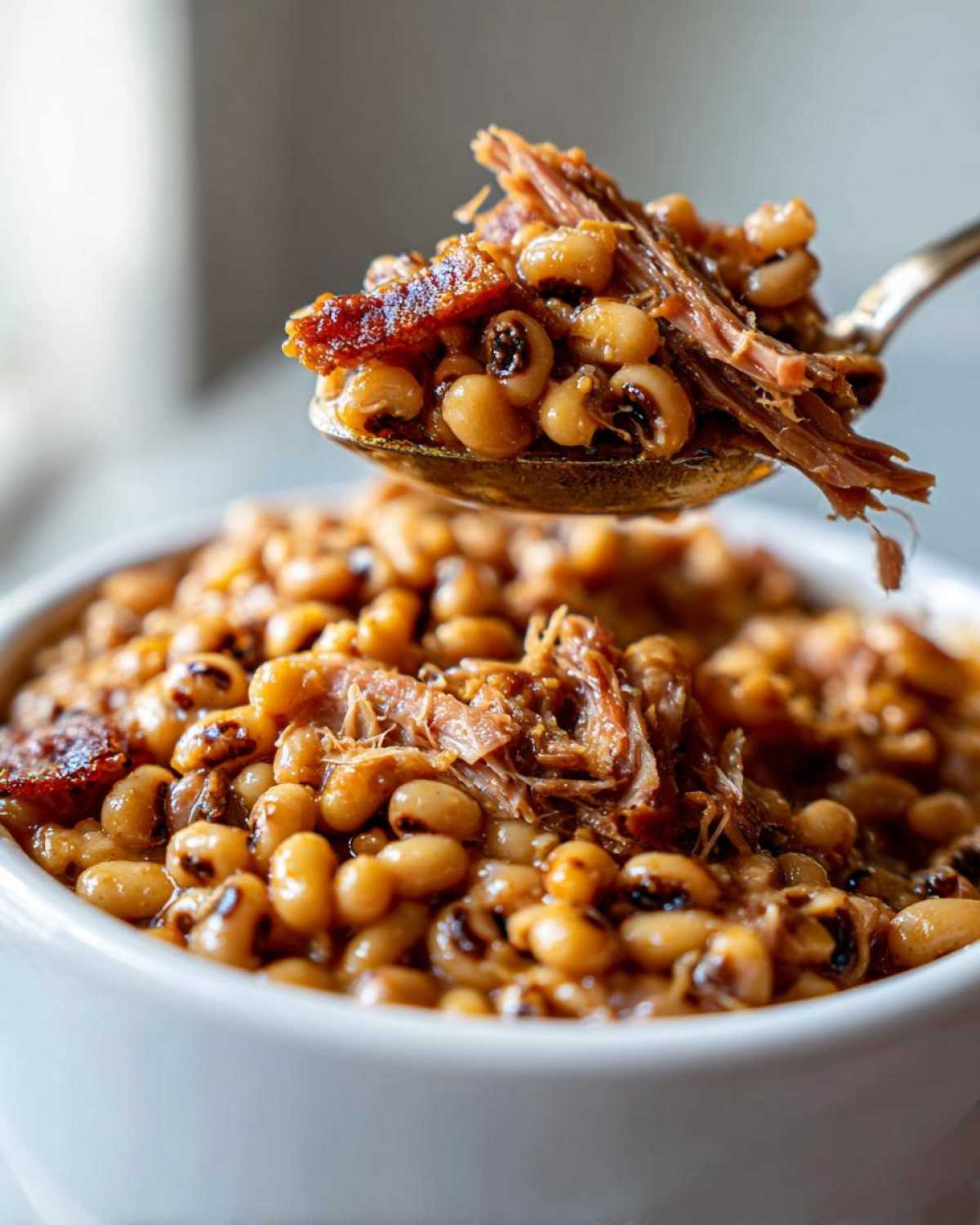 A spoonful of creamy black eyed peas topped with shredded pulled pork being lifted from a white bowl.