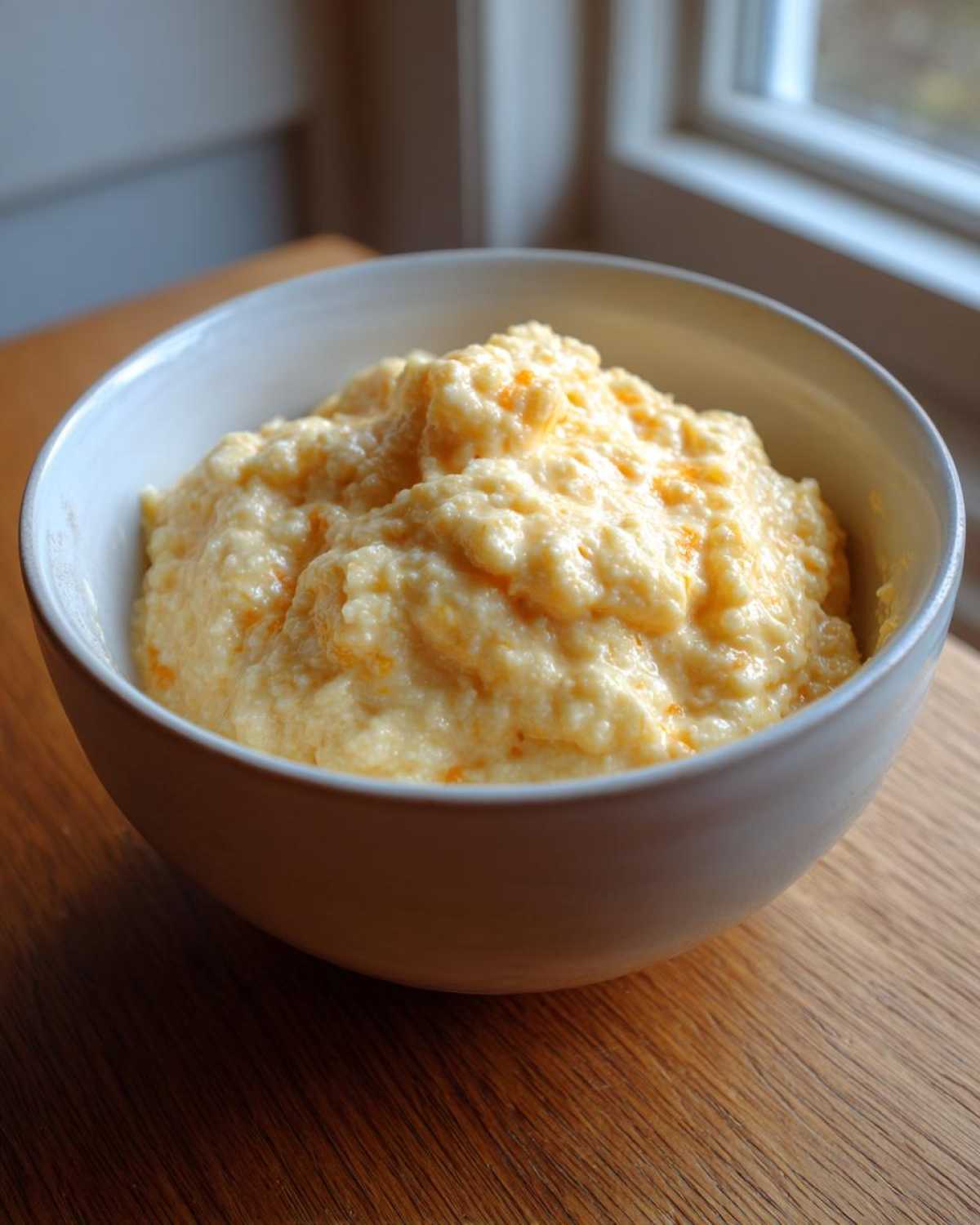 A close-up of a white bowl filled with creamy, yellow cheese grits, sitting on a wooden table near a window.
