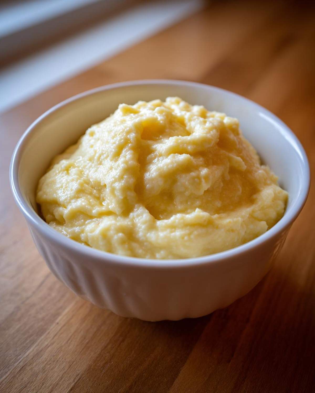 A close-up of a white bowl filled with fluffy, creamy, yellow cheese grits resting on a wooden surface.