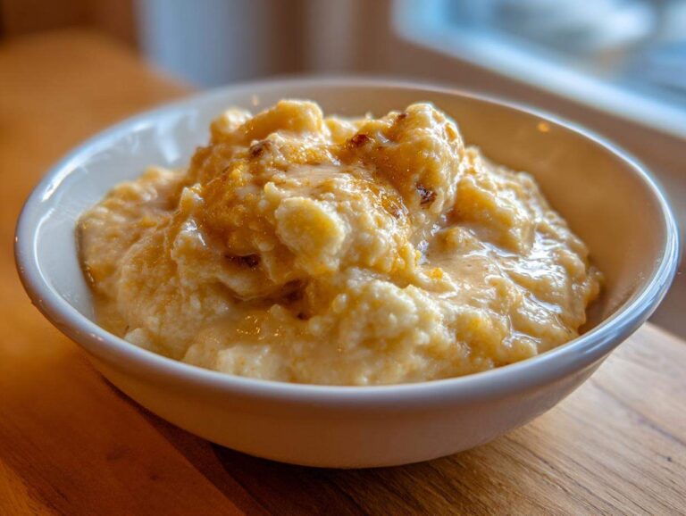 Close-up of a creamy bowl of rich, yellow cheese grits topped with melted butter or sauce.