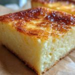 A close-up, macro shot of a square slice of creamy cassava cake showing its moist texture and golden, caramelized top.