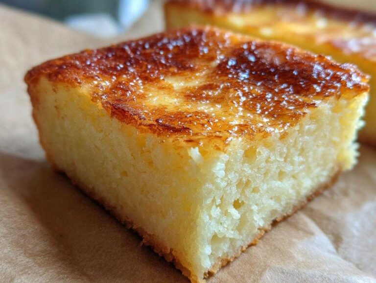 A close-up, macro shot of a square slice of creamy cassava cake showing its moist texture and golden, caramelized top.