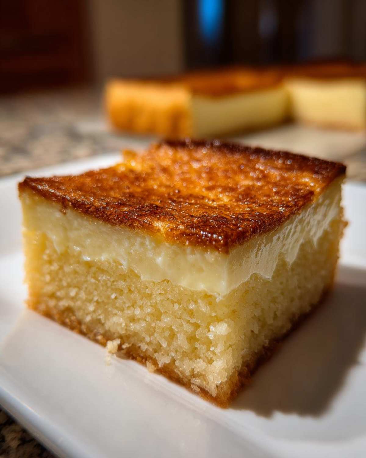 Close-up of a square slice of creamy cassava cake showing the dense base and caramelized topping.