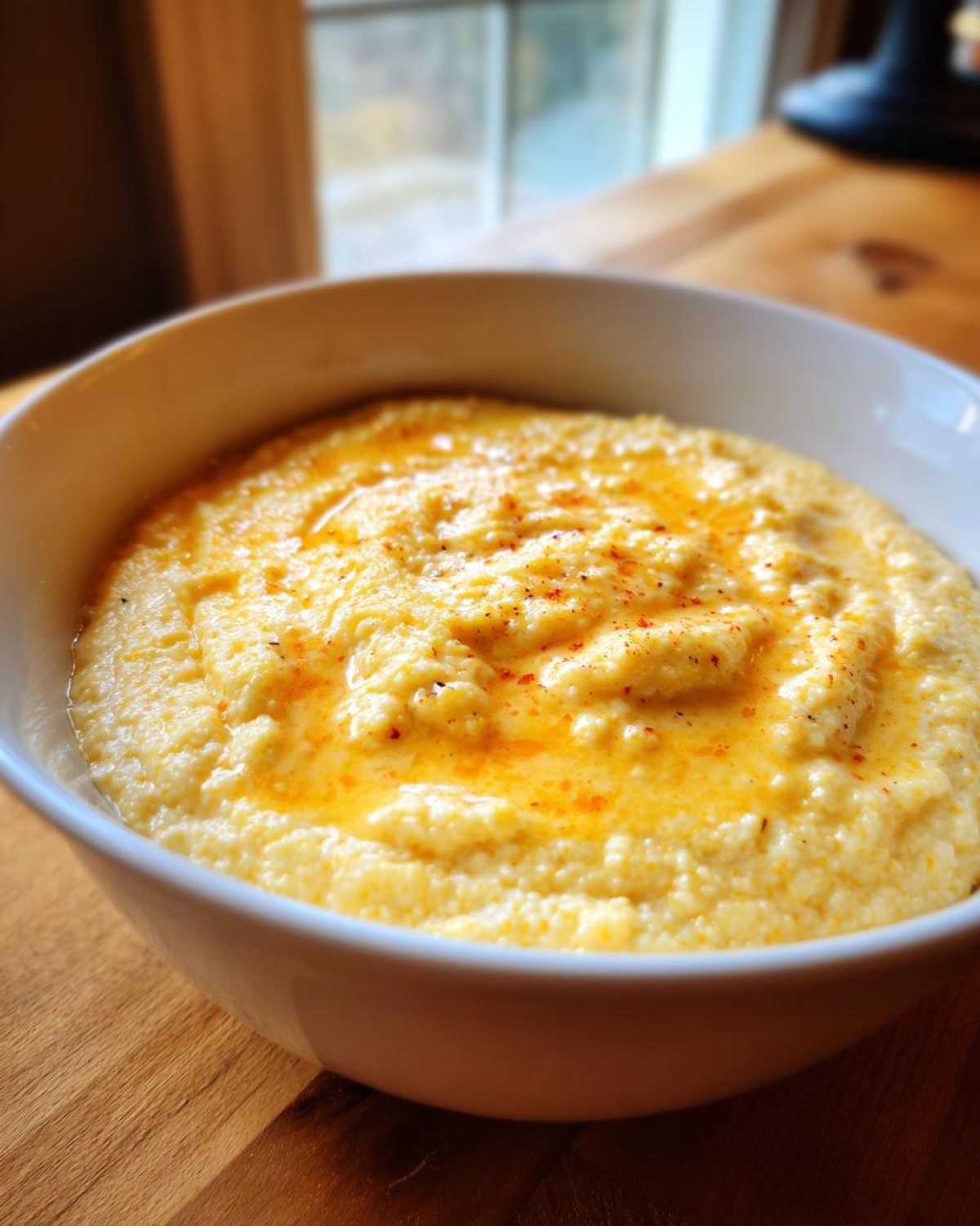 A close-up of a white bowl filled with creamy, yellow cheese grits topped with melted butter and paprika.