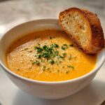 Close-up of a bowl of vibrant orange creamy cheese soup topped with shredded cheese and fresh parsley, served with a toasted bread slice.