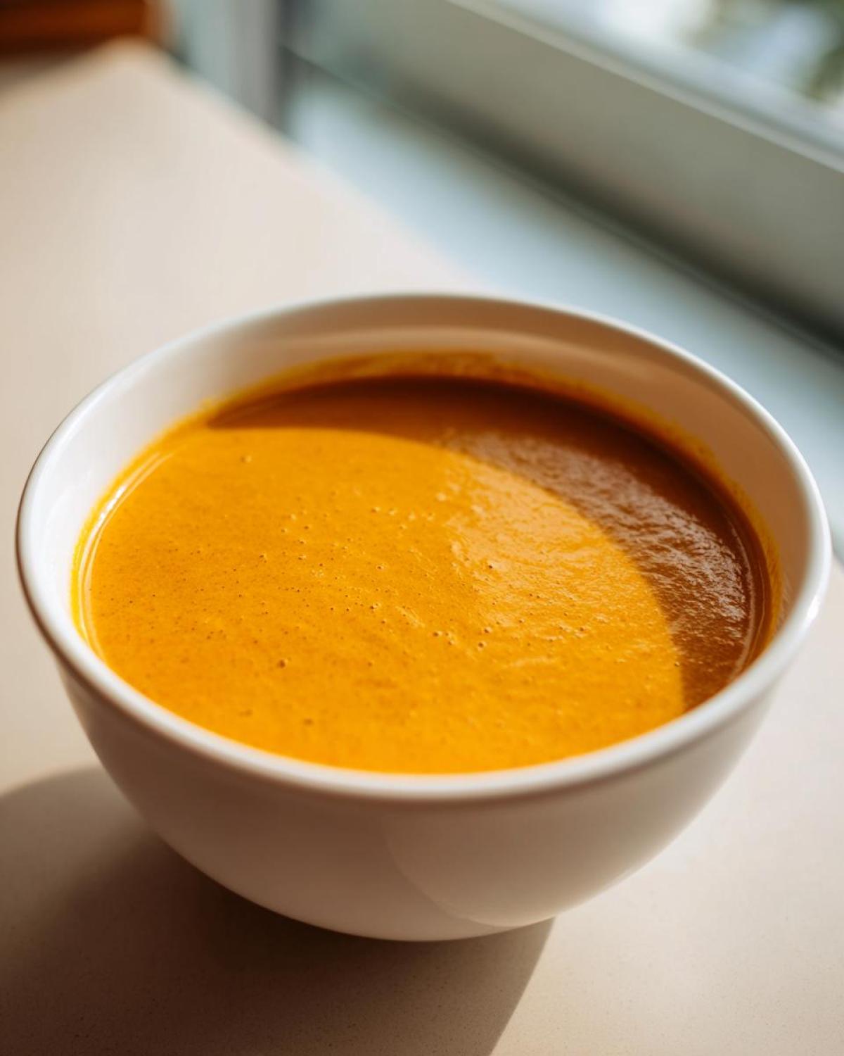 Close-up of a white bowl filled with vibrant orange, creamy cheese soup, sitting near a window.