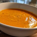 Close-up of a bowl filled with vibrant orange, creamy cheese soup, garnished with pepper.