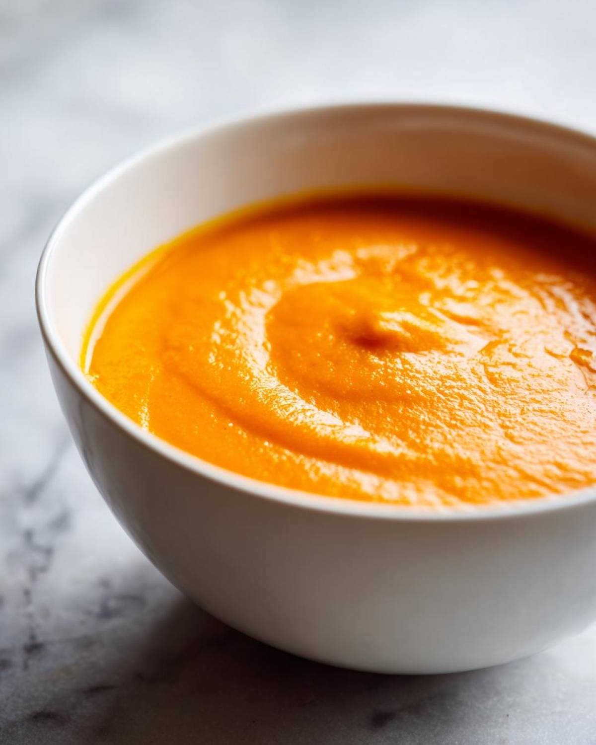 Close-up of vibrant orange, creamy cheese soup served in a white bowl on a marble surface.