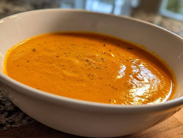 Close-up of a bowl filled with vibrant orange, creamy cheese soup, garnished with pepper.