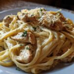 A close-up of creamy chicken fettuccine alfredo pasta topped with grated Parmesan cheese and parsley.