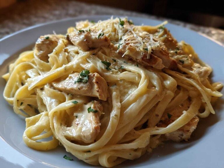 A close-up of creamy chicken fettuccine alfredo pasta topped with grated Parmesan cheese and parsley.