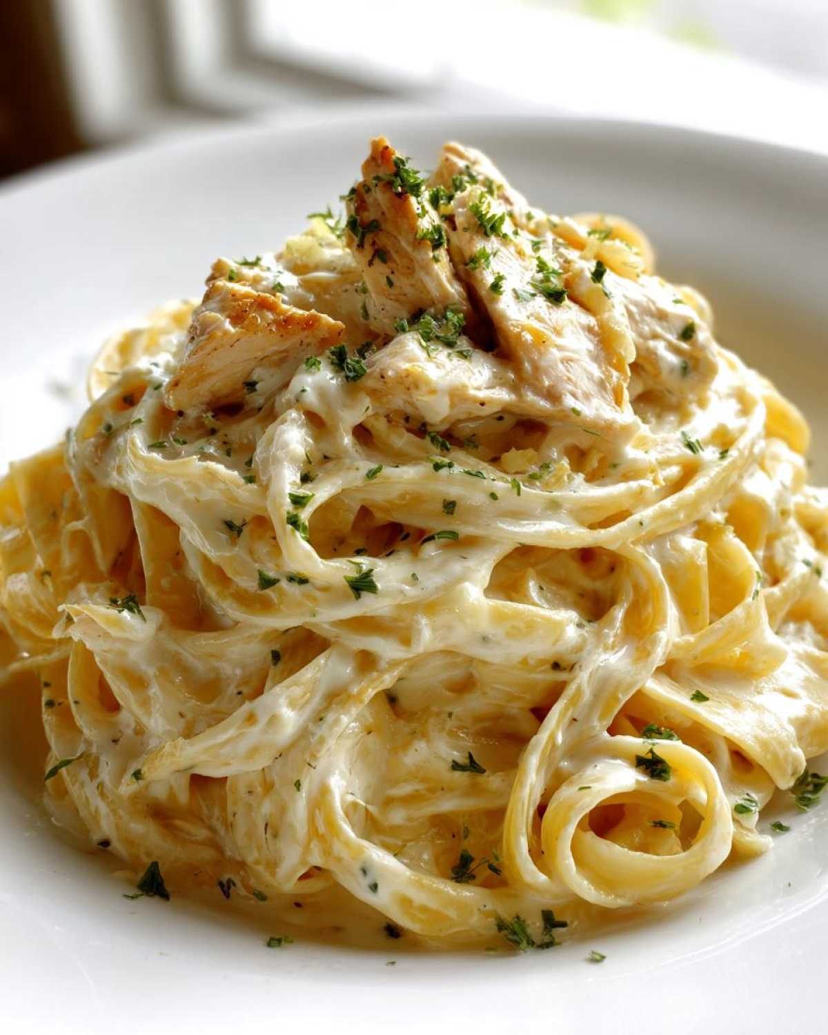 A close-up of a bowl of rich chicken fettuccine alfredo pasta topped with sliced chicken and parsley.