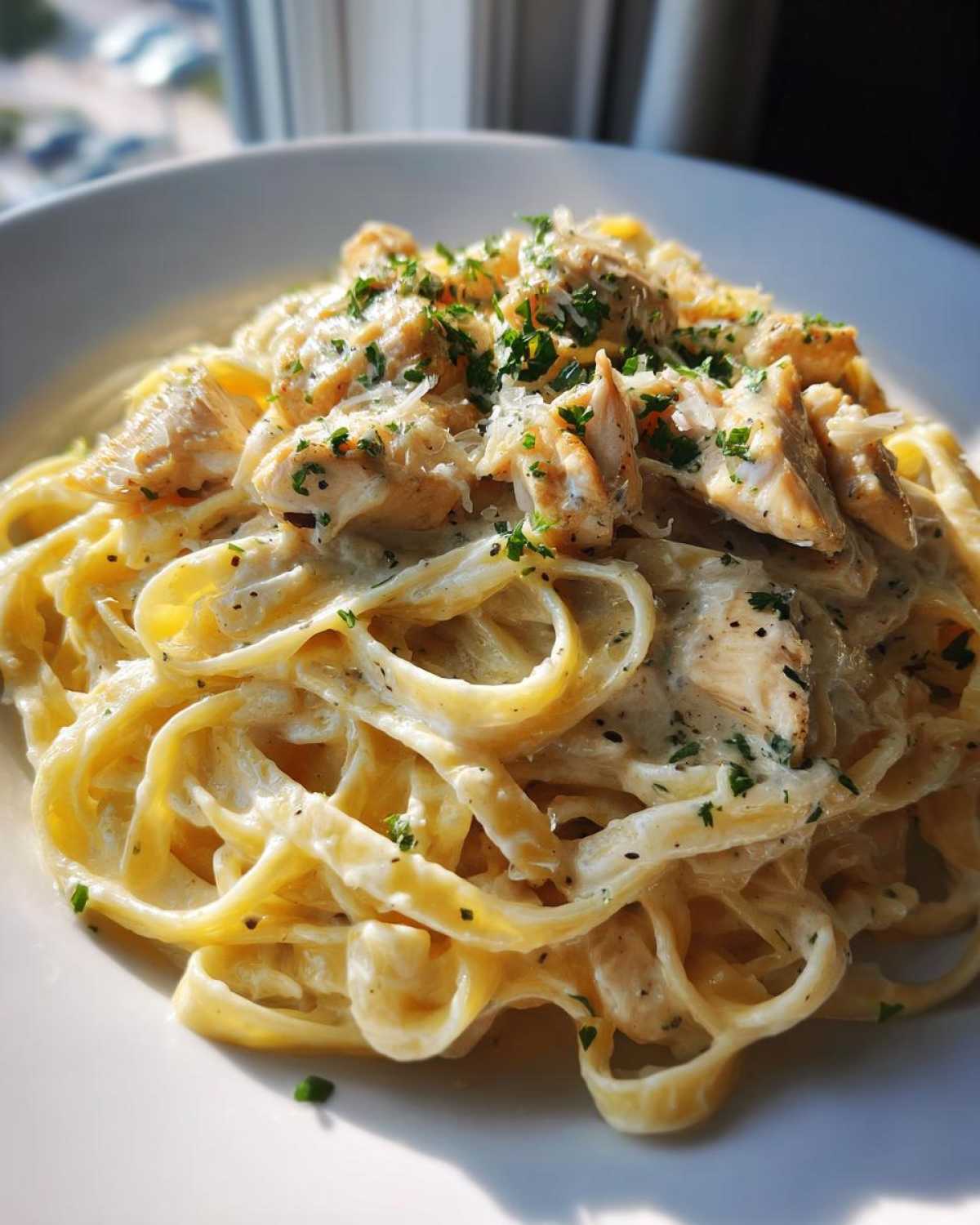 A close-up of creamy chicken fettuccine alfredo pasta topped with grated parmesan and fresh parsley.