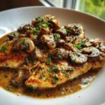 Close-up of pan-seared chicken marsala breasts covered in a rich, creamy mushroom sauce and fresh parsley.